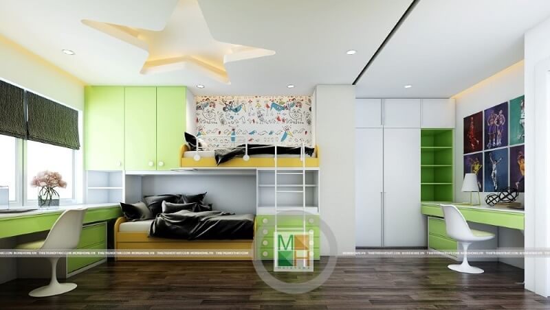 Thiết kế phòng ngủ trẻ em đáng yêu với mẫu giường tầng gỗ tự nhiện kết hợp hệ tủ quần áo âm tường.