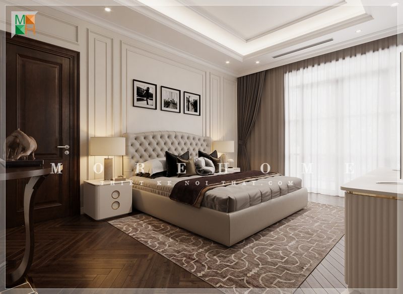 Ấn tượng với mẫu thiết kế giường ngủ tạo cảm giác êm ái và ấm áp mỗi khi bước chân vào căn phòng.