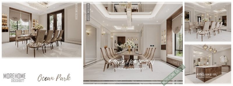 Việc sử dụng những hệ thống cửa kính cường lực lớn bố trí hợp lý giúp không gian phòng ăn trở nên rộng rãi, thông thoáng và không bị ám mùi khi nấu nướng